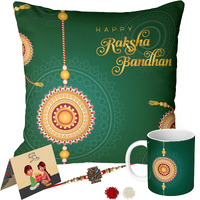 Anwaliya Rakhi Combo of 6, Metal Rakhi, Printed Ceramic Mug, 16X16 Cushion Cover, Cotton Filled Cushion, Rakshabandhan Greeting Card & Tilak Set Gift Hamper for Brother, Green