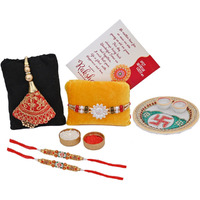 Craftam Rakhi Gifts for Brother Combo Set- Marble Pooja Thali, Raksha Bandhan Greeting, Roli Rice Pack and 4 Rakhi Set For Bhaiya, Bhabi and 2 Children (SWASTIK)