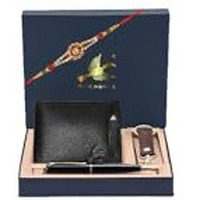 HORNBULL Black Mens Leather Wallet, Keyring, Rakhi & Pen Combo Gift Set for Men | Wallet Men Leather Branded | Rakhi Gift Hamper