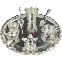 BENGALEN Diwali Gift Pooja Thali Set Silver Plated 9.5 Inch with Coin Kuber Diya Dhup Dani Bowl Spoon Glass Ghanti for Puja Diwali Home Decor Temple Office Wedding Return Gift Items