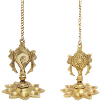 CRAFTHUT Brass Hanging Diya Nila Vilakku, Gada Chakra Gada Chakra Padmanabha Swami Vishnu Tirupati with 9 Diya Slots - Weight - 1.4 Kgs, Set of 2