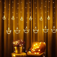 Desidiya Warm White Diya/Diwali Light Curtain, Led String Copper Lights with Pack of 12 Hanging Diyas, 8 Flashing Modes, Decoration, Prong Base, 2.5 Meters