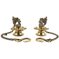 Two Moustaches Brass Peacock Carved Hanging Diya Set, Antique Yellow -Pack of 2, Standard