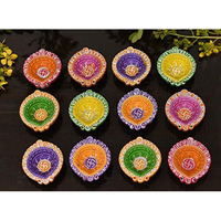 Collectible India Clay Diyas Diya Deepak Colorful Set Earthen Diwali Decoration Puja - Handpainted Diya for Home Indoor Outdoor Diwali Handmade (Set of 4) (4)