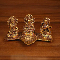 Kalakriti God Idols for puja Room Metal Antique Ganesh laxmi Saraswati Idol Murti |Decorative Platter with Diya, Sitting Blessing Ganpati for Diwali Decoration Festival, Golden