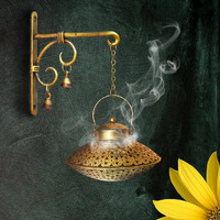 Netboon Handcrafted Wall Hanging Handi Degchi Dhoop Dani Pot Diya Lantern Incense T-Light Candle Holder for Home Decor, Pooja Room, Meditation Space- Iron,Gold Color