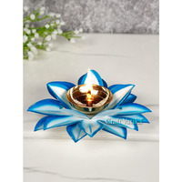 Collectible India Brass Diya Oil Lamp Stand Lotus Kamal Patti Diyas for Puja Home Temple Decor (Sky Blue)