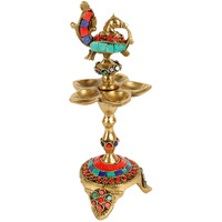 Two Moustaches Gemstone Work Peacock Over Ethnic Carved Legs Five Oil Wick Brass Diya, Diya for Home Temple, Standard, Pack of 1