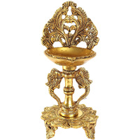 Two Moustaches Ethnic Twin Peacock Design Brass Oil Diya with Base (9 Inches) (Golden) (Pack of 1)