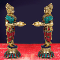 Artvarko Brass Deep Laxmi Pair (Set of Two) for Home Entrance Dcor Puja Room Devi Meenakshi Diya Lady Holding Oil Lamp Diwali Gift Multicolor Stone Decoration Height 9 Inch