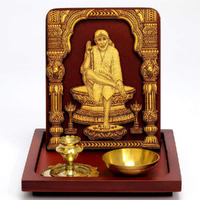 Eknoor Sai Baba Ji God Idol with Brown Wooden Base and Brass Dhoop Agarbatti Stand Incense Holder and Diya Mini Puja Ghar/Puja Ghar Set for Home, Office, House Warming, Gift-Super Carving 2