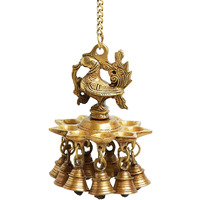 ExclusiveLane Peacock Bliss Hand-Etched Decorative Pure Brass Hanging Diya for Puja Room Mandir with Bell (9 Diyas & Bells, 23.2 Inch, 0.9 Kg) | Hanging Lamp Diya