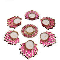 Urban Turtle Handcrafted Lotus Tealight Candle Holder | Rangoli for Floor | Tealight Candle Holder | Home Decoration Item for Diwali | Lotus Diya for Pooja,Rangoli Mat - Pack of 7 (Pink)