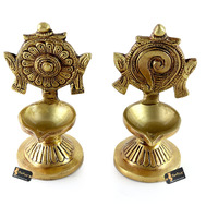 Two Moustaches 4.5 Inches Shankh Chakra Brass Diya Pair (Set of 2), Antique Yellow