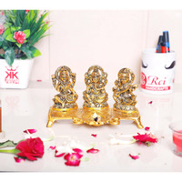 Prince Home Decor & Gifts Aluminum Laxmi Ganesh Saraswati Idol Platter with Diya (Gold, Standard)