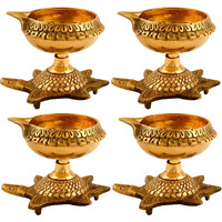 Hashcart Handmade Indian Engraved Design with Turtle Base Brass Kuber Diya Lamp (Set of 8)