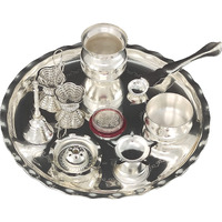 BENGALEN Silver Plated Pooja thali Set 9.5 Inch with Plate Kalash Palli Diya Kumkum Holder Bowl Dhup Dan Coin Ghanti Puja Thali for Diwali Home Mandir Office Wedding Return Gift Items