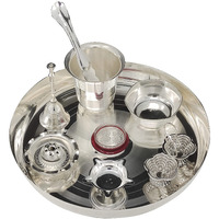 BENGALEN Pooja thali Set Silver Plated with 8 Inch Plate Diya Glass Bowl Ghanti Agarbatti Stand Palli Kumkum Stand Coin Puja Thali for Diwali Home Mandir Office Wedding Return Gift Items