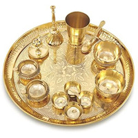 BENGALEN Brass Pooja Thali Set 12 Inch Pital Puja Thali with Plate Glass Bowl Spoon Palli Ghanti Kuber Diya Dhup Dan Haldi Kumkum Stand Puja Thal Diwali Home Office Mandir Wedding Return Gift Items