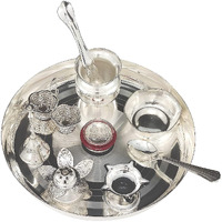 BENGALEN Pooja thali Set Silver Plated with 8 Inch Plate Diya Kalash Bowl Ghanti Dhup Dan Palli Spoon Kumkum Stand Coin Puja Thali for Diwali Home Mandir Office Wedding Return Gift Items