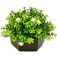 fancymart Artificial Flower Leaves in Wood Hexagon Pot - White - 14cm Height - Home & Office Decor Elegant Potted Plant for Tabletop Enhancement