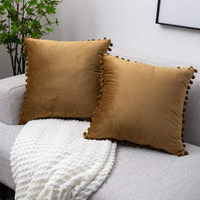 Amazon Brand  Umi Velvet Pompom Cushion Cover 18x18 Inch - Set of 2 Large Square Throw Pillow Covers for Sofa Living Room or Home Decor in Brown Color