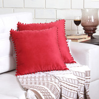 Amazon Brand  Umi Velvet Pompom Cushion Cover 22x22 Inch - Set of 2 Large Square Throw Pillow Covers for Sofa Living Room or Home Decor in Red Color