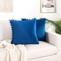 Amazon Brand  Umi Velvet Pompom Cushion Cover 18x18 Inch - Set of 2 Large Square Throw Pillow Covers for Sofa Living Room or Home Decor in Blue Color