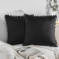 Amazon Brand  Umi Velvet Pompom Cushion Cover 18x18 Inch - Set of 2 Large Square Throw Pillow Covers for Sofa Living Room or Home Decor in Black Color