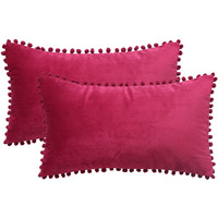 Amazon Brand  Umi Velvet Pompom Cushion Cover 12x20 Inch - Set of 2 Large Square Throw Pillow Covers for Sofa Living Room or Home Decor in Wine Color