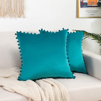 Amazon Brand  Umi Velvet Pompom Cushion Cover 20x20 Inch - Set of 2 Large Square Throw Pillow Covers for Sofa Living Room or Home Decor in Teal Color