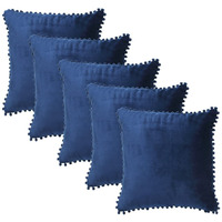 Amazon Brand  Umi Velvet Pompom Cushion Cover 16x16 Inch - Set of 5 Large Square Throw Pillow Covers for Sofa Living Room or Home Decor in Blue Color