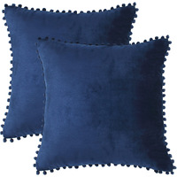 Amazon Brand  Umi Velvet Pompom Cushion Cover 22x22 Inch - Set of 2 Large Square Throw Pillow Covers for Sofa Living Room or Home Decor in Blue Color