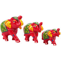 DreamKraft Paper Mache Elephant Showpiece for Enhance Home Decor - Red (Set of 3)