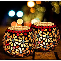 The Purple Tree Glass Mosaic Tealight Candle Holder for Diwali Decor, Christmas Decor - Pack of 2