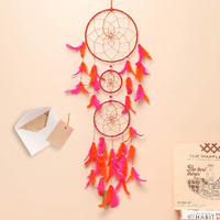 ILU Dream Catcher with Lights, Wall Hangings, Crafts, Home Decor, Bedroom - Orange & Pink Feathers (17 cm Diameter)