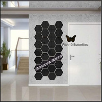 Atulya Arts 3D Acrylic Stickers Mirror Black Hexagon Wall Sticker with 10 Butterfly Decorative Sticker - (Pack of 28) (10.5 cm x 12.1 cm) for Home Living Room Bedroom Office Decor