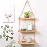 VAH Wall Hanging Shelf, Real Pine Wood Floating Shelves for Wall Rustic Rope Shelves Plant Shelf Farmhouse Decor for Living Room Bathroom Bedroom Kitchen Apartment (3 Tier)