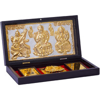 NAITIK CREATION Saraswati Laxmi Ganpati Gold Plated Photo Frame with Charan Paduka Tabletop Pocket Temple Gift Box for Diwali House Warming Return Gift Corporate Gifts