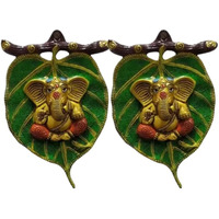 Kalakriti Paan Ganesha Hanging God Idols for Pooja| puja Room Metal Antique for Home Decor |Decorative Platter Showpiece, Ganpati for Diwali Decoration Festival, Green Golden, Pack of 2