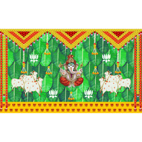 Ashvath Fashion Banana Leaf and Marigold and Lotus Flower with Cows and Ganesh ji Design Backdrop Cloth for Pooja Decoration Curtain for Festival Size 5Feet Height and 8Feet Width(5 * 8)