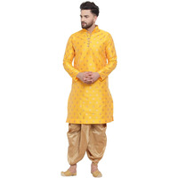 Larwa Mens Ethnic Loop Button Ganesh Print Kurta Dhoti Set (Yellow, Size: 38)