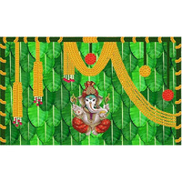 Ashvath Fashion Banana Leaf and Marigold Flower with Ganesh ji Design Backdrop Cloth for Pooja Decoration Curtain Cloth for Festival Fabric-Polyester Size 5 Feet Height and 8 Feet Width(5 * 8)