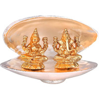 Lavanaya Silver - Gold Plated Laxmi Ganesh Idol Sitting On Silver Sea Shell Diwali Gift, Laxmi Ganesh Idol for Gift (Silver Gold)