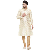 Larwa Ethnic Loop Button Ganesh print Kurta Pyjama set Beige,SIZE:44