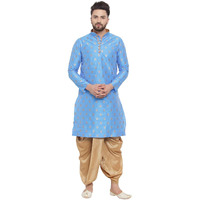 Larwa Mens Silk Kurta Dhoti Set (Firozi Ganesh Jacq K Gold Dhoti Lup+B_38_Blue, Firozi)