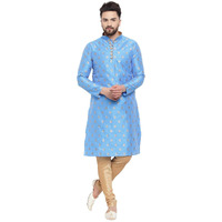 Larwa Mens Silk Kurta With Pyjama Set (Firozi Ganesh Jacq K Gold Pyj Lup+B_Firozi_42)