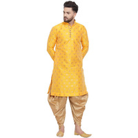 Larwa Mens Silk Kurta And Salwar Dhoti Set (Yellow Ganesh Jacq K Gold+Sal D+Lup+B_Yellow_40)