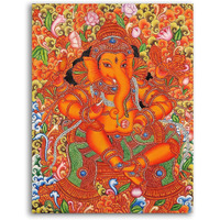 PIXELARTZ Kerala Mural Sri Ganesh Canvas Painting | Traditional Art Unframed Painting for Home dcor - Multicolour (9x12 Inches, Small)