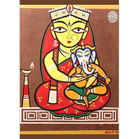 Adventures *Ganesh-Parvati* - A Famous Painting by Jamini Roy, Wall Dcor Frame. Canvas Print stretched on Pinewood Frame. Size 18x14.